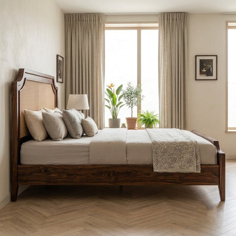 PRITI wooden king bed with decorative cane weaving