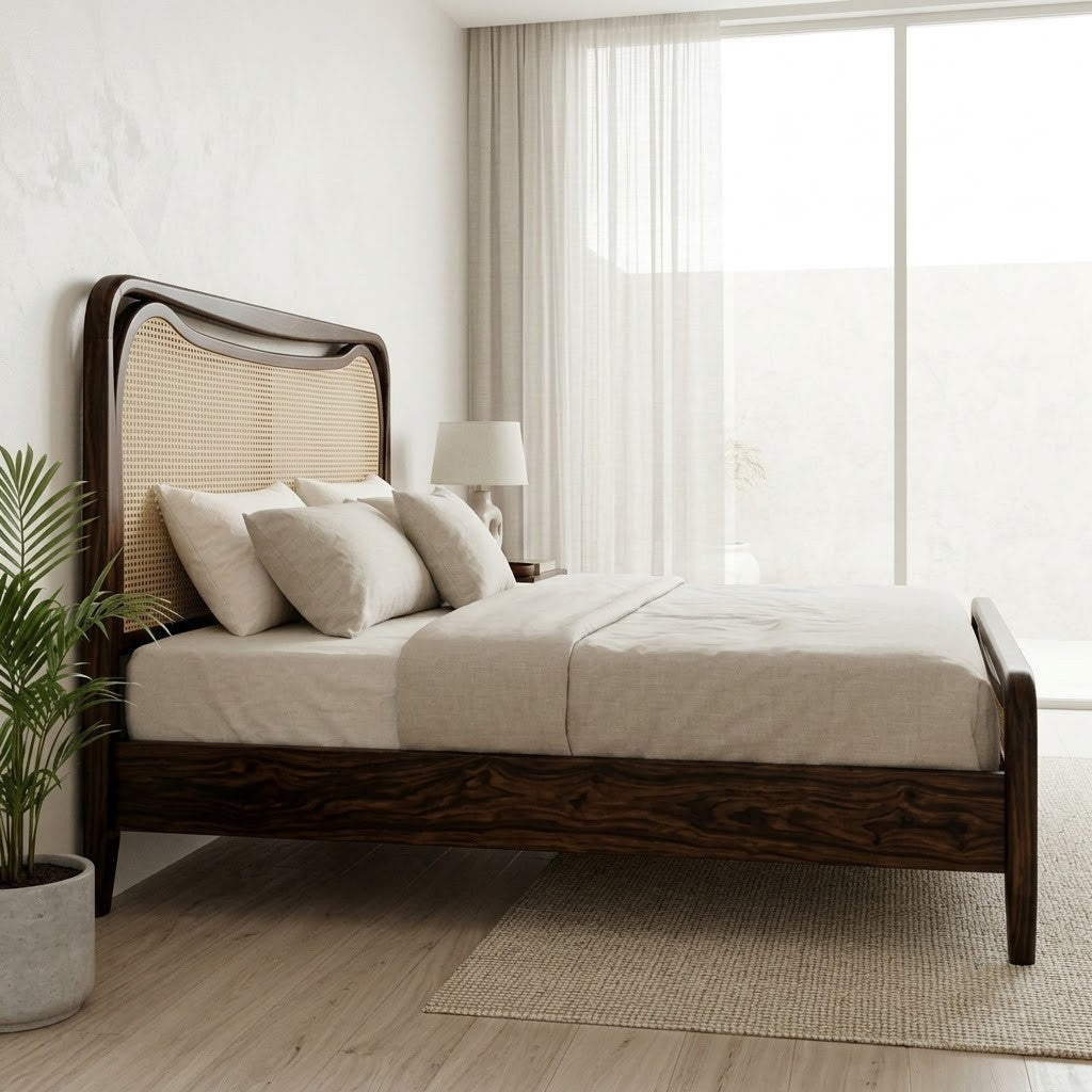 PRITI wooden king bed with woven cane headboard