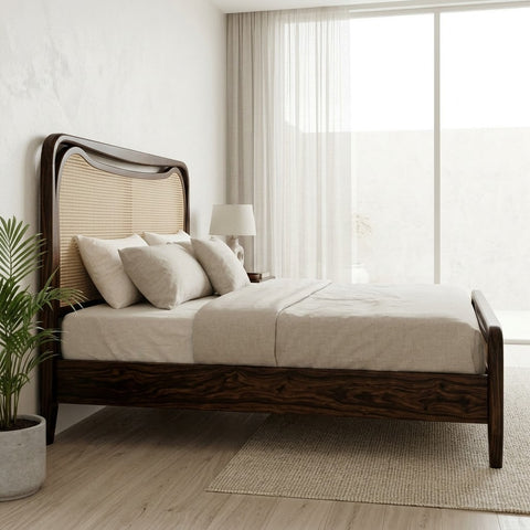 PRITI wooden king bed with woven cane headboard