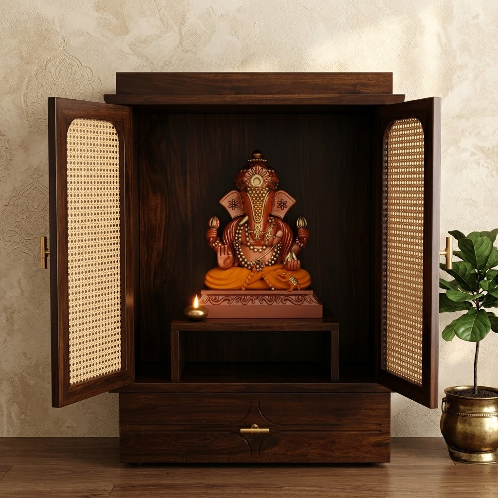 PRITI wooden pooja mandir with drawer storage