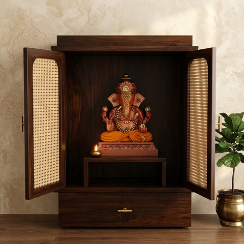 PRITI wooden pooja mandir with drawer storage