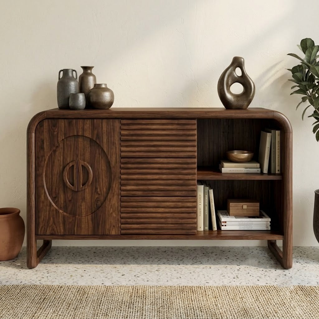 PRITI wooden sideboard with drawers and shelves in Dark Walnut