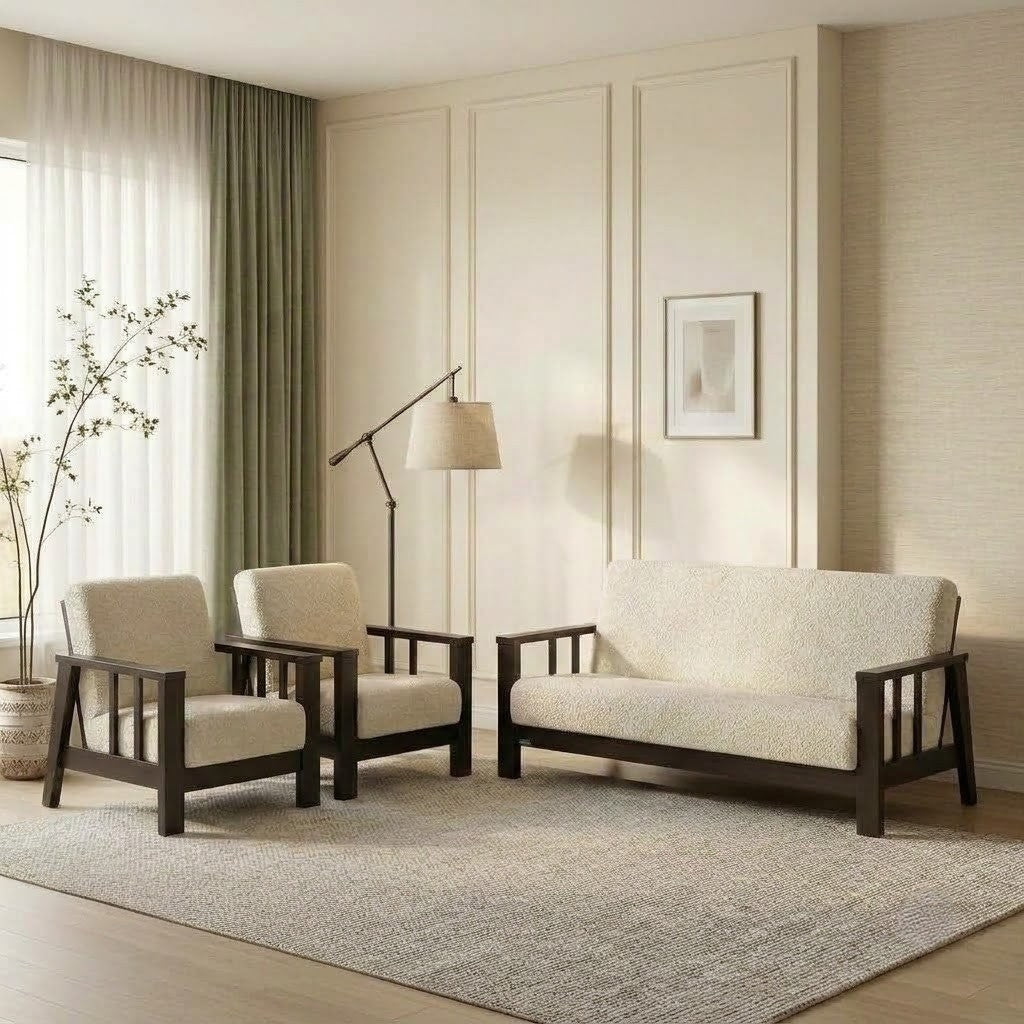 PRITI wooden sofa set 3+1+1 seater in Crème Boucle fabric