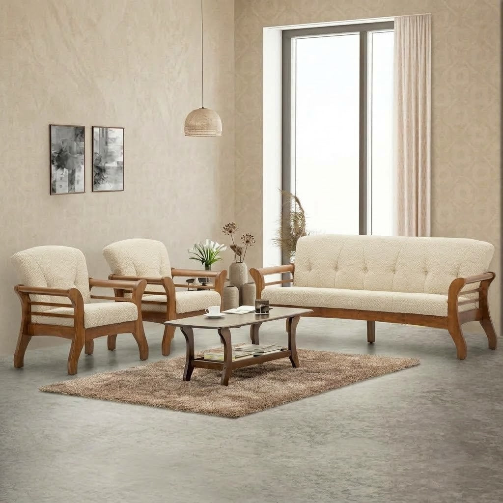 PRITI wooden sofa set 3+1+1 seater with Crème Boucle fabric