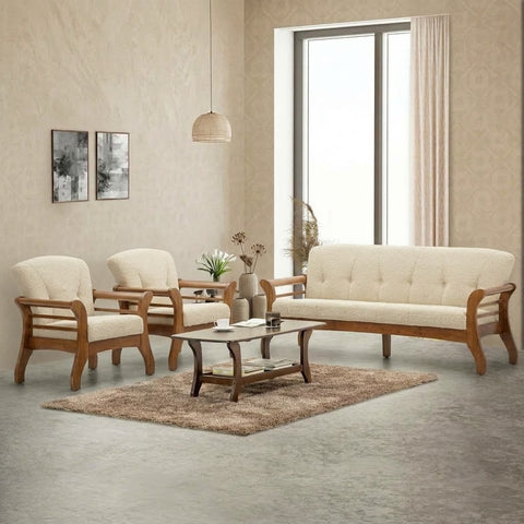 PRITI wooden sofa set 3+1+1 seater with Crème Boucle fabric
