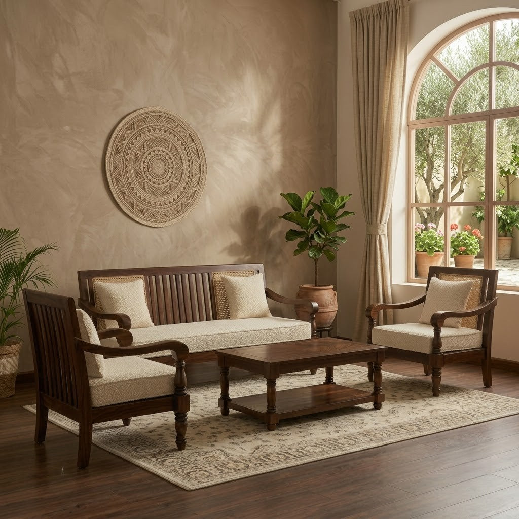PRITI wooden sofa set with cream boucle upholstery