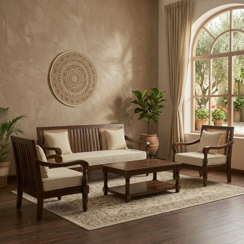 PRITI wooden sofa set with cream boucle upholstery