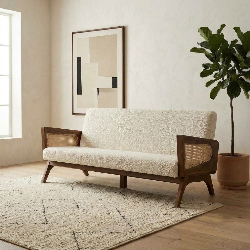 PRITI wooden sofa with Crème Boucle fabric upholstery for living room