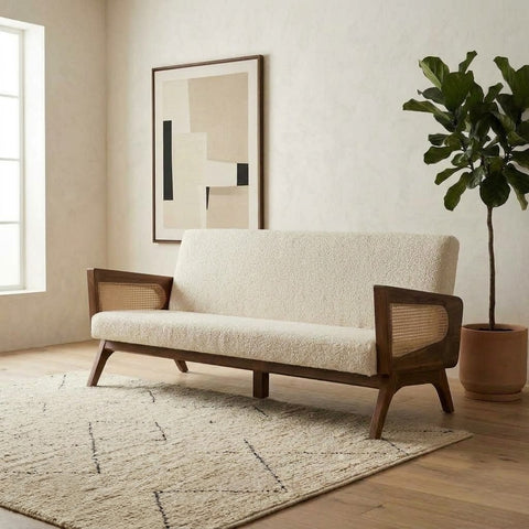 PRITI wooden sofa with Crème Boucle fabric upholstery for living room