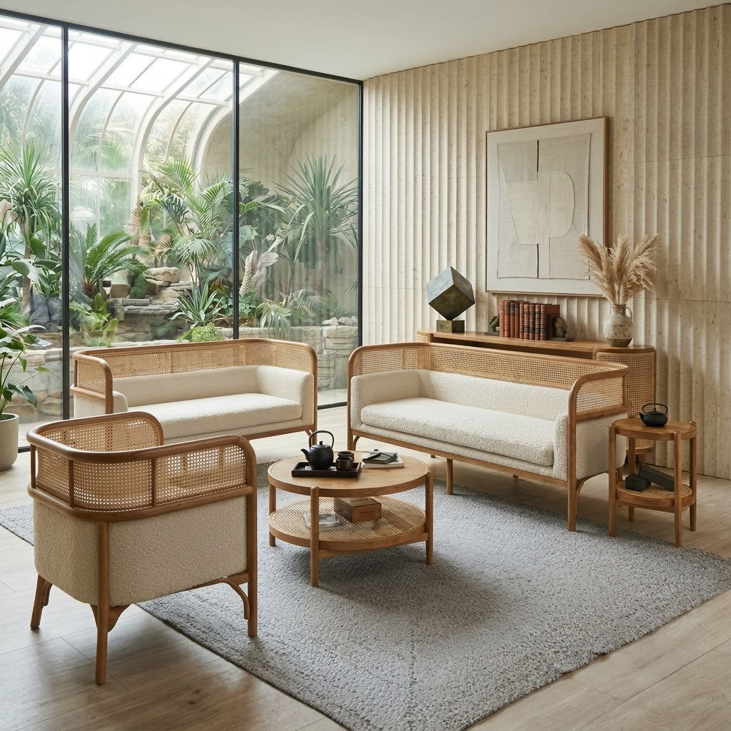 PRITI wooden sofa with cream boucle and cane detailing