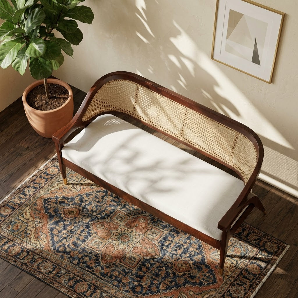 PRITI wooden sofa with natural cane detailing