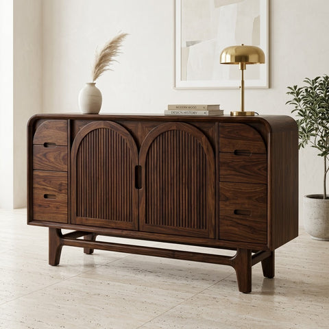 PRITI wooden storage cabinet with fluted arched doors and drawers