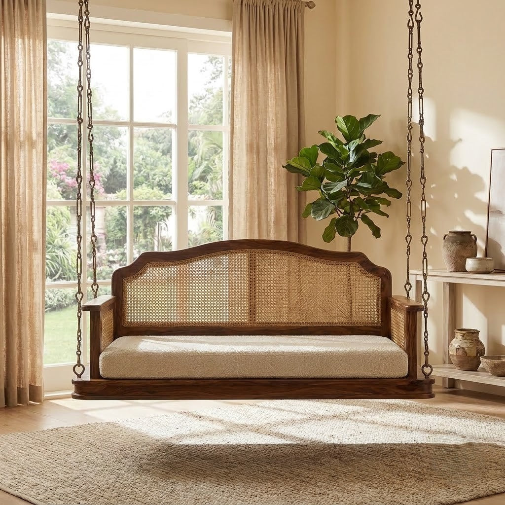 PRITI wooden swing chair with cane backrest and Dark Walnut finish