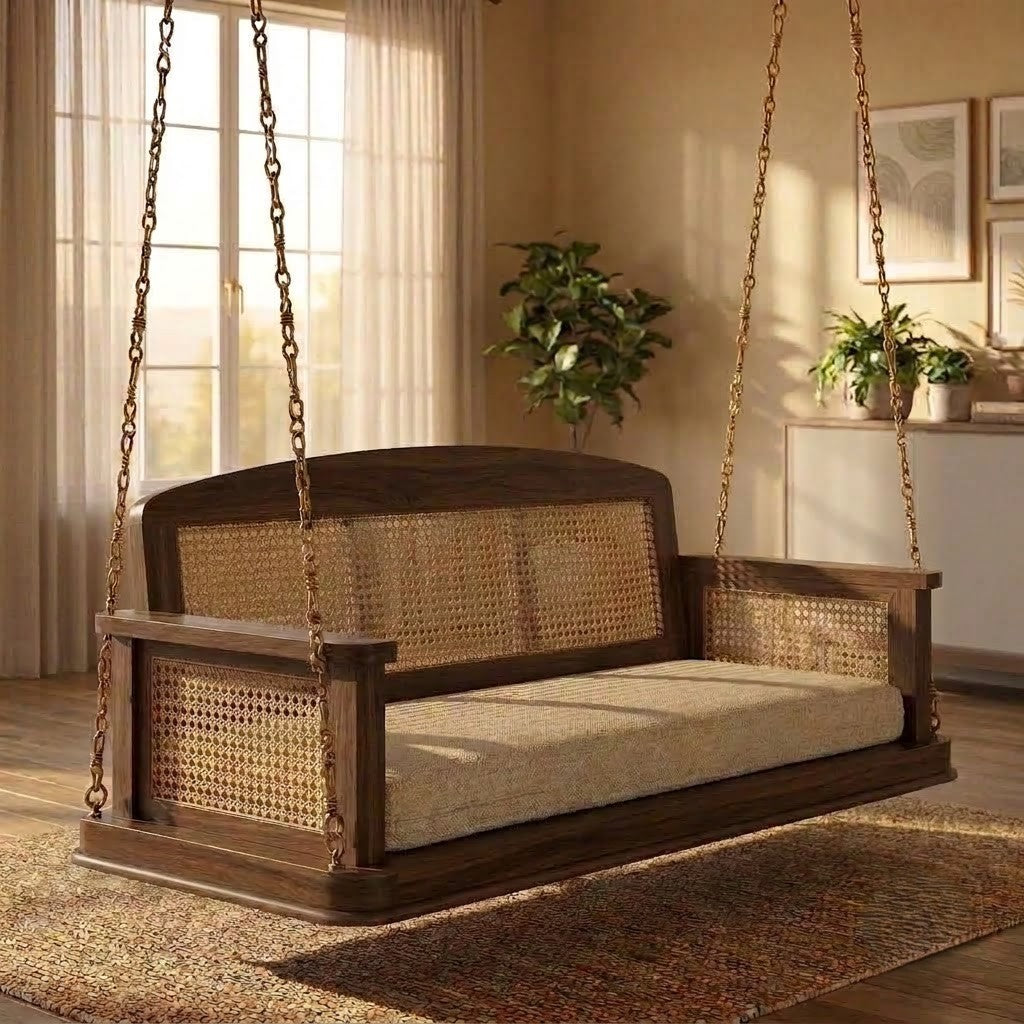 PRITI wooden swing chair with crème boucle cushion for living room