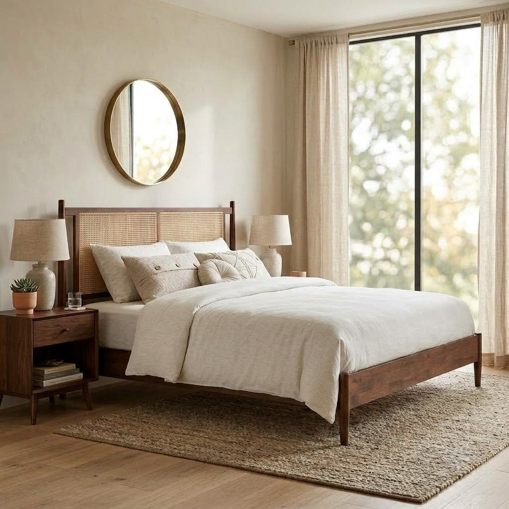 PRTIT handcrafted rattan bed with natural wood finish