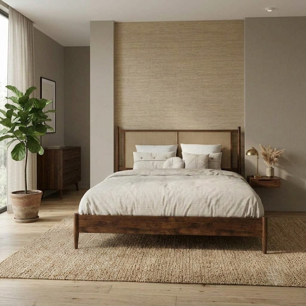 PRTIT wooden rattan bed styled with neutral bedroom interiors
