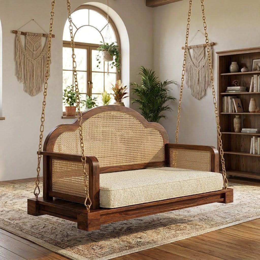 Premium 2 seater Sheesham wood swing chair with dark walnut finish for home