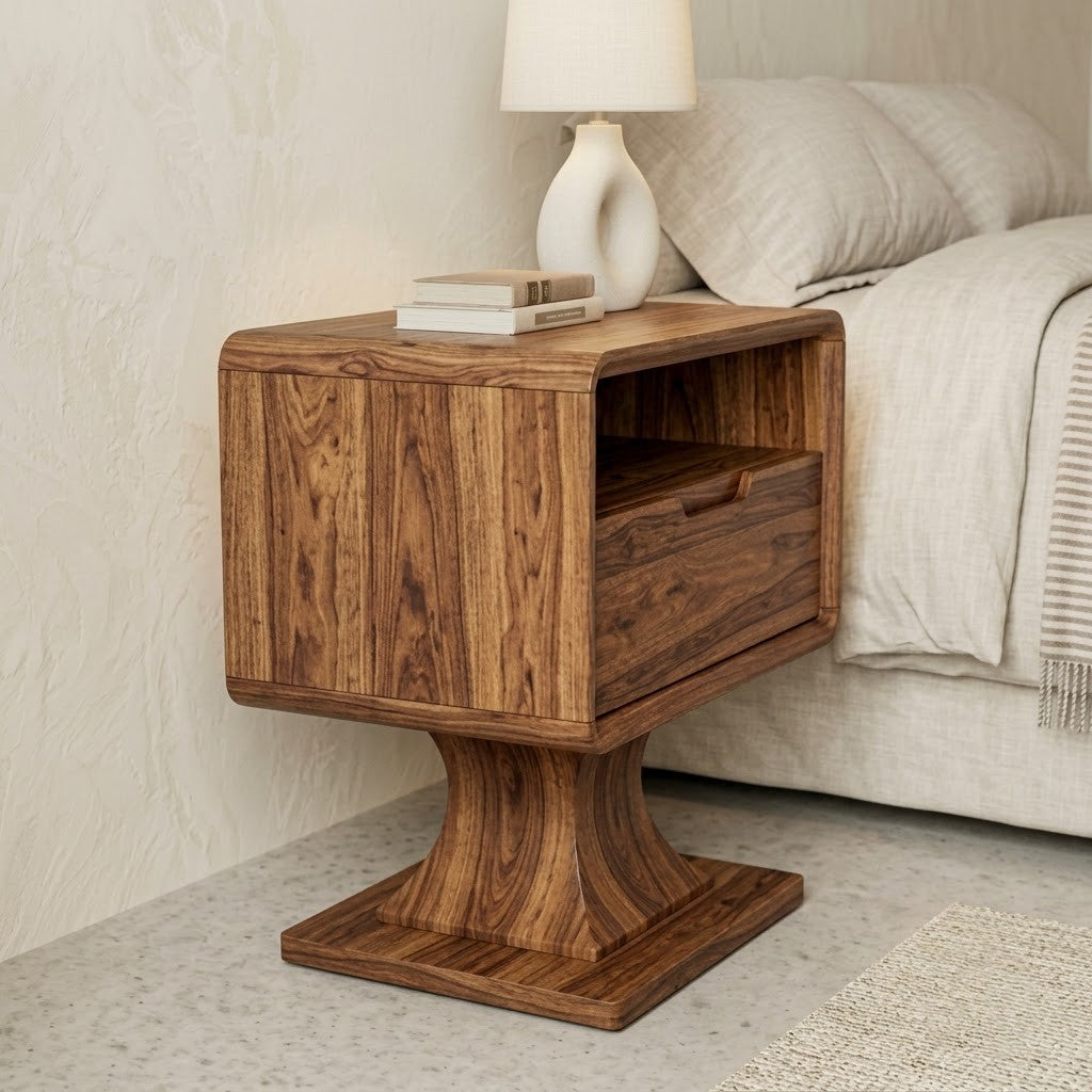 Premium Dark Walnut Sheesham bedside cabinet with open compartment