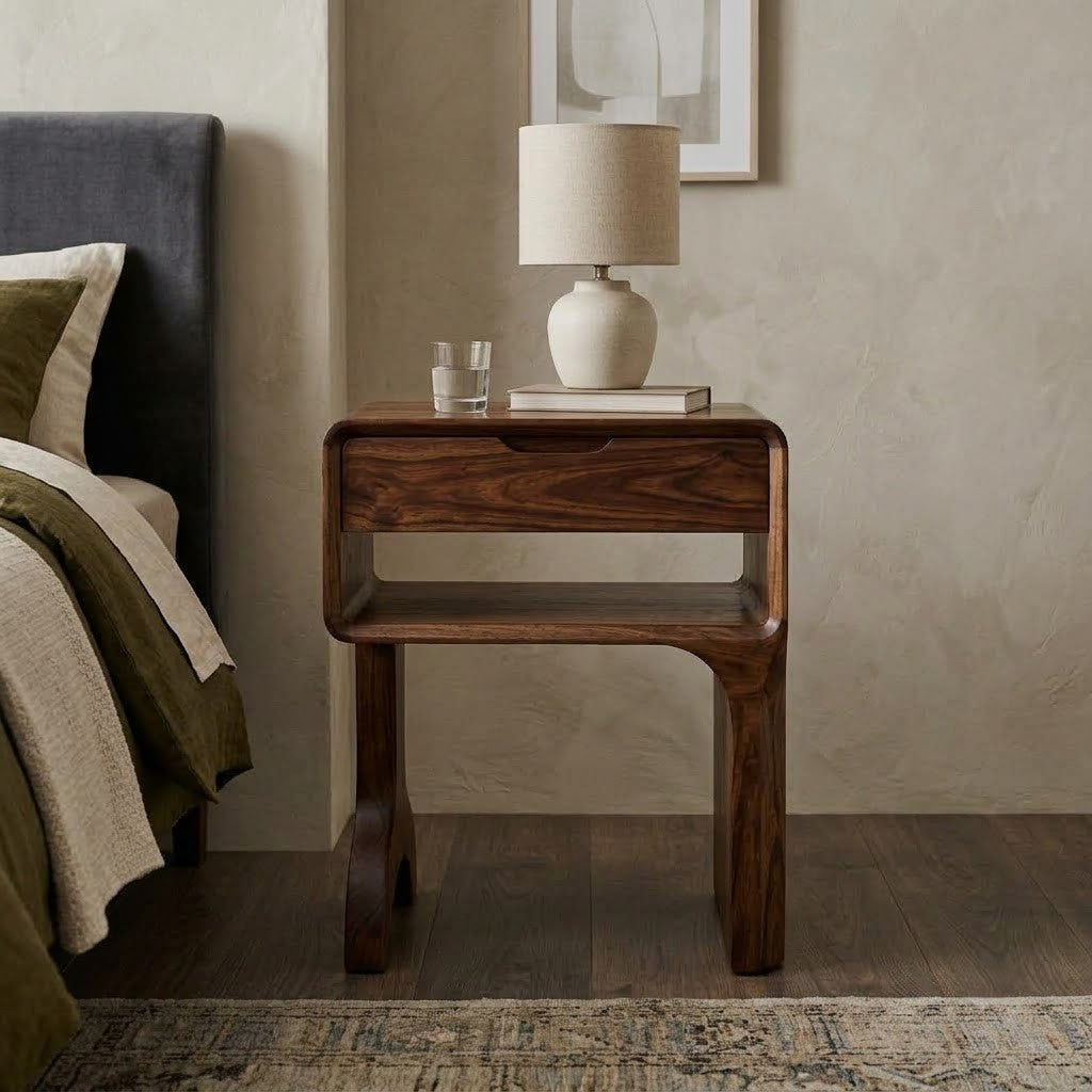 Premium Dark Walnut Sheesham wood nightstand with open storage