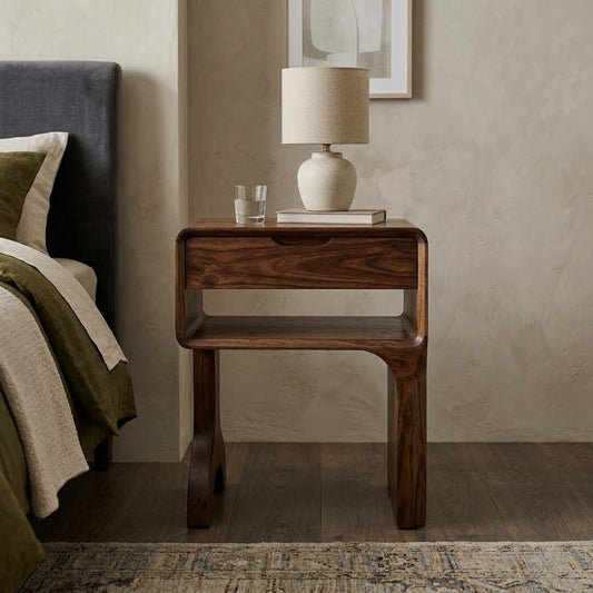 Premium Dark Walnut Sheesham wood nightstand with open storage