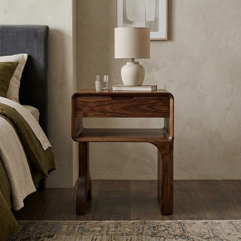 Premium Dark Walnut Sheesham wood nightstand with open storage