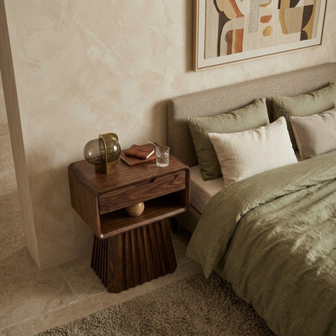 Premium Dark Walnut wooden nightstand with fluted wooden base