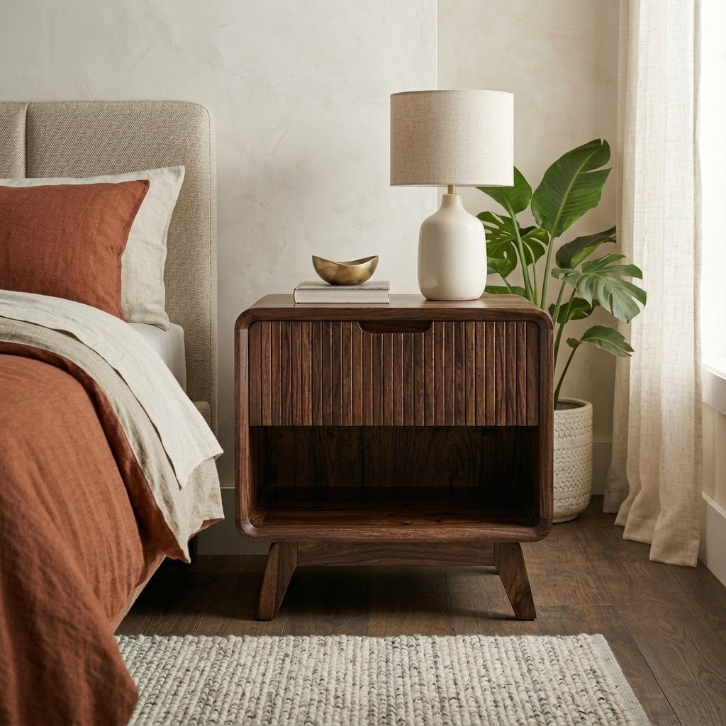 Premium PRITI Sheesham wood bedroom nightstand with drawer and storage