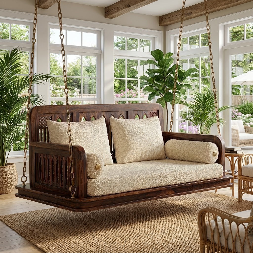 Premium PRITI wooden jhula for living room, balcony and veranda with boucle upholstery