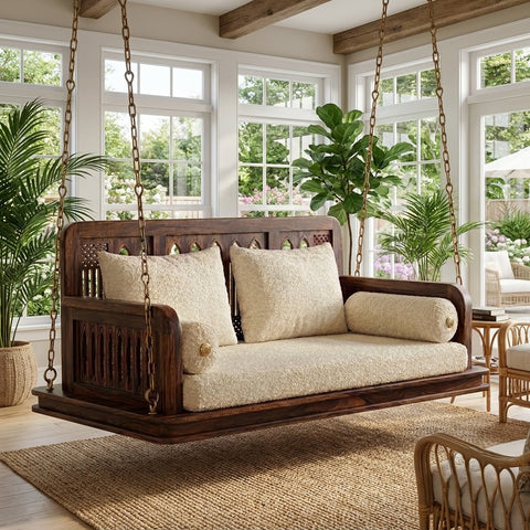 Premium PRITI wooden jhula for living room, balcony and veranda with boucle upholstery
