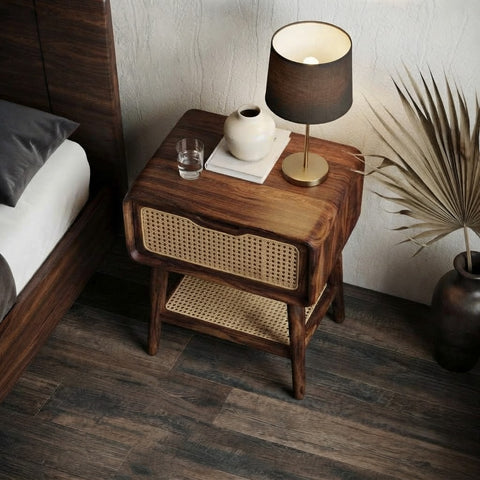 Premium Sheesham Wood Bedside Table with Drawer and Open Shelf