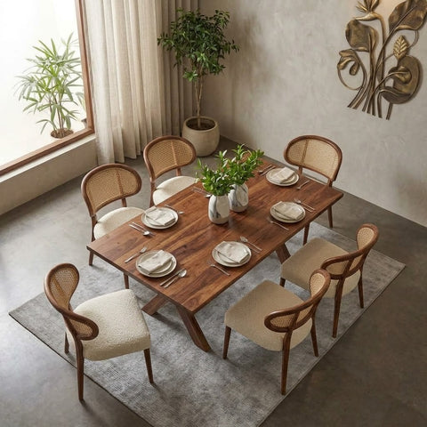 Premium Sheesham Wood Dining Table with Boucle Seating