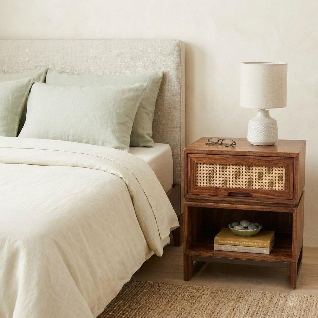 Premium Sheesham Wood Nightstand with Cane Detail and Drawer