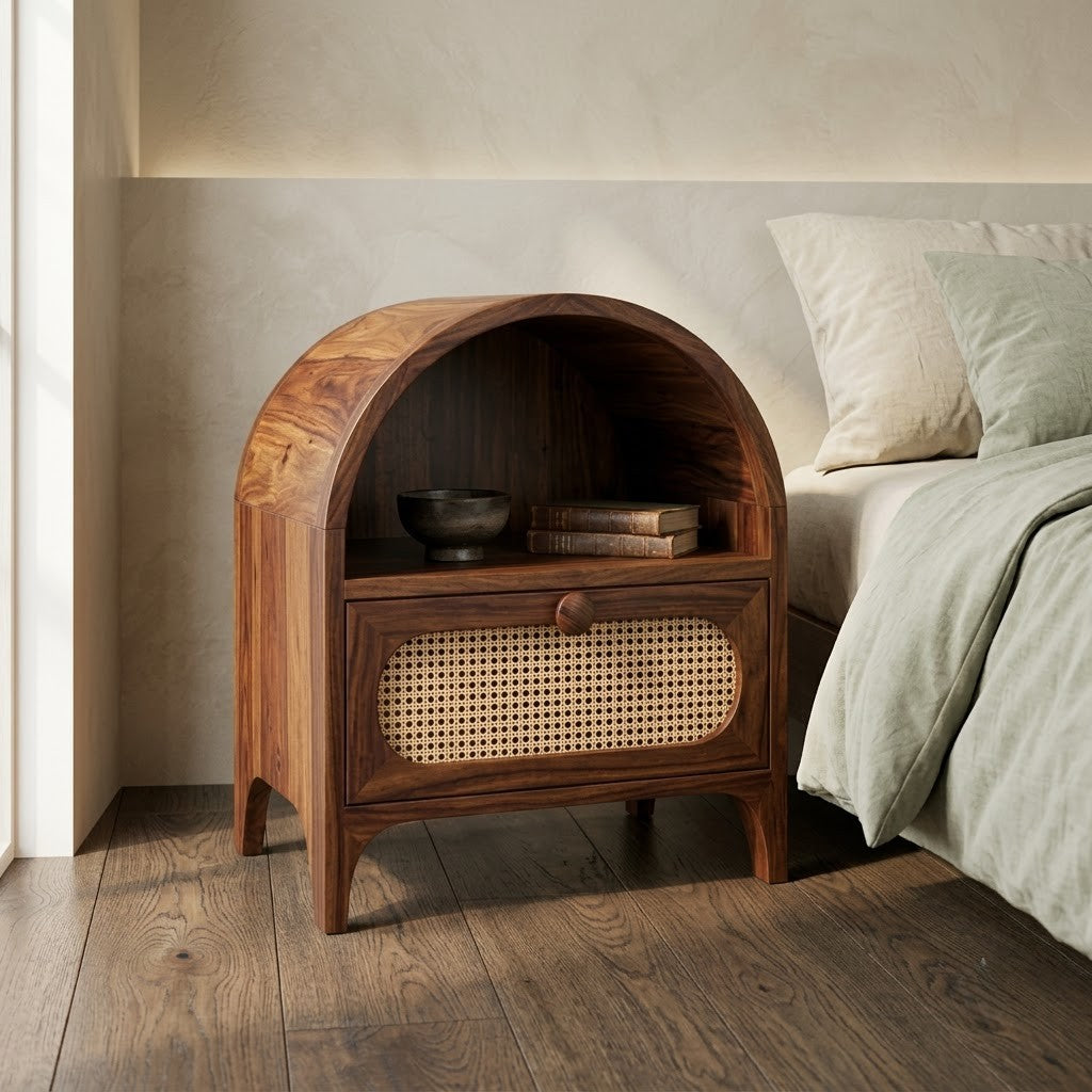 Premium Sheesham Wood Nightstand with Cane Drawer and Open Shelf