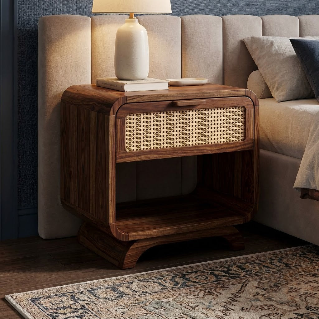 Premium Sheesham Wood Nightstand with Cane Front and Open Shelf