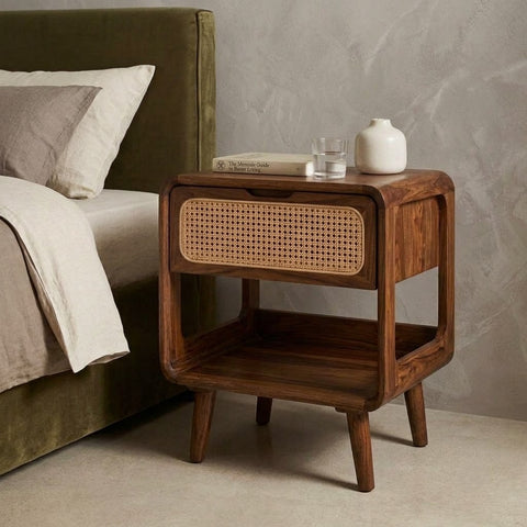 Premium Sheesham Wood Side Table with Cane Detail and Open Shelf