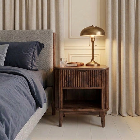 Premium Sheesham wood bedroom nightstand with drawer and open storage