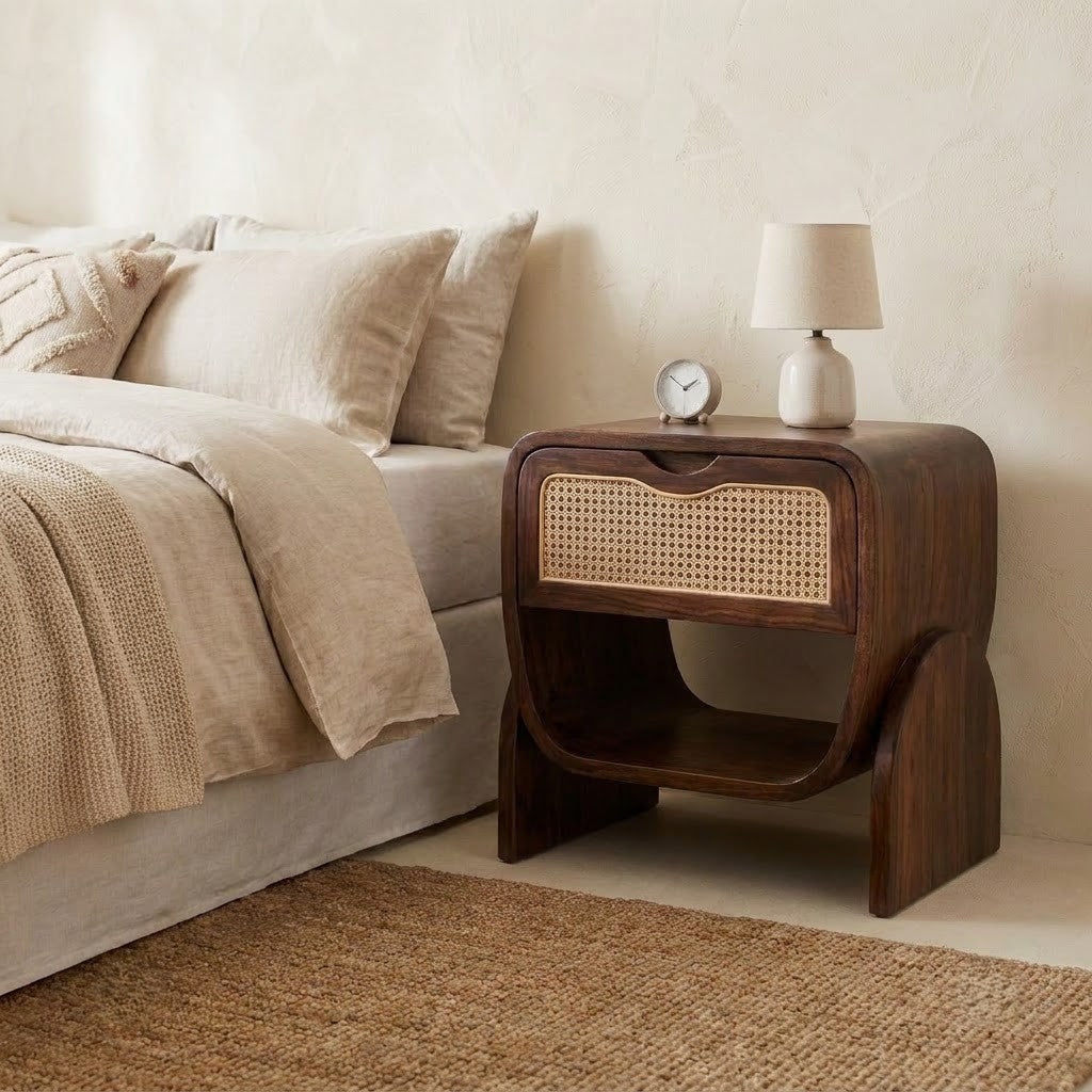 Premium Sheesham wood bedroom nightstand with open storage