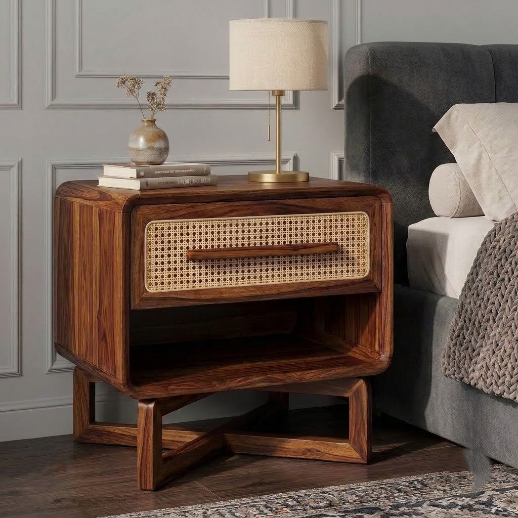 Premium Sheesham wood bedroom side table with open storage shelf