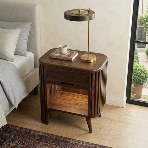 Premium Sheesham wood bedside table with drawer and shelf storage