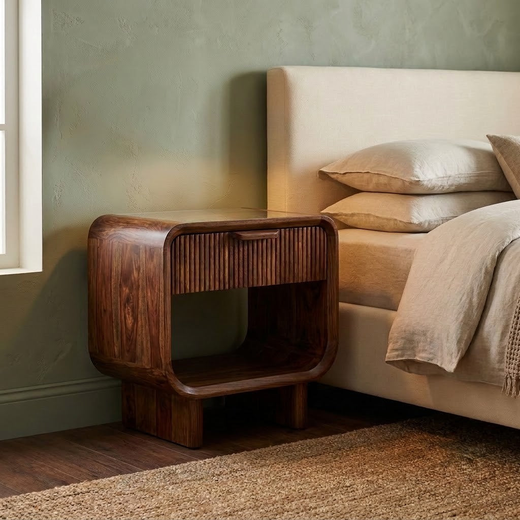 Premium Sheesham wood nightstand in dark walnut finish