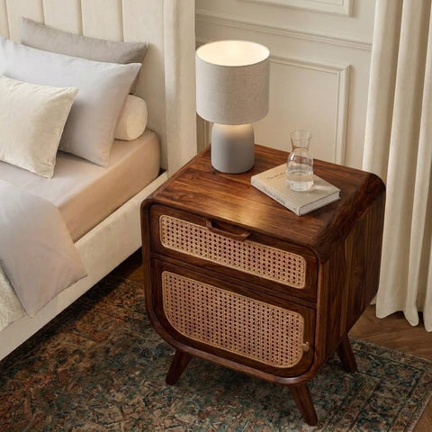 Premium Sheesham wood nightstand in dark walnut finish for bedroom