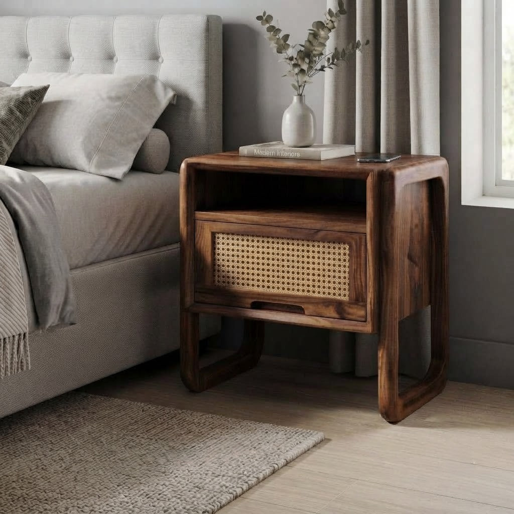 Premium Sheesham wood nightstand with cabinet storage