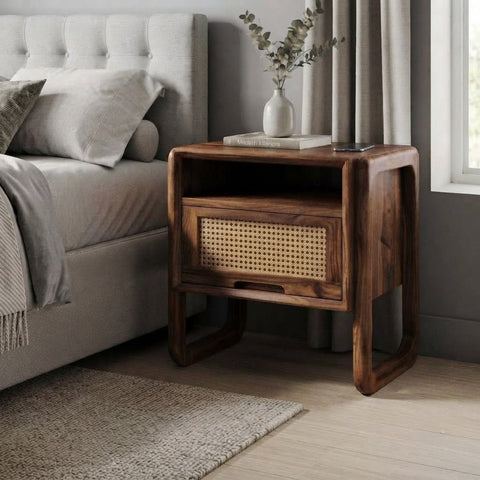 Premium Sheesham wood nightstand with cabinet storage