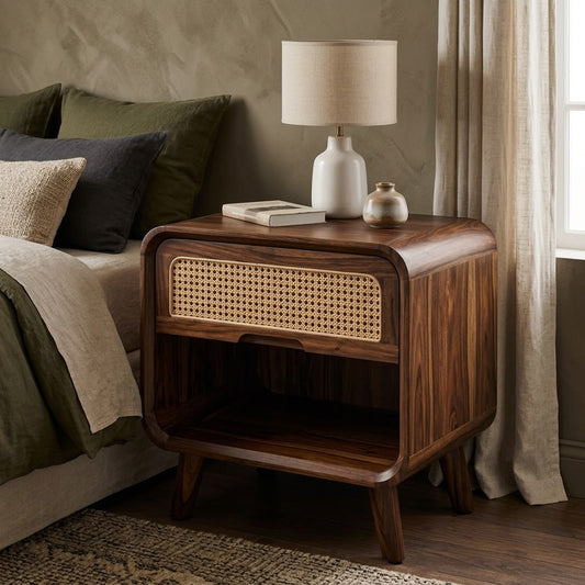 Premium Sheesham wood nightstand with cane detail for bedroom