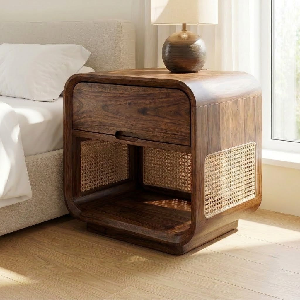 Premium Sheesham wood nightstand with drawer an