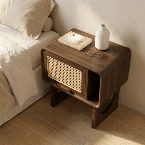 Premium Sheesham wood nightstand with drawer and cane panel