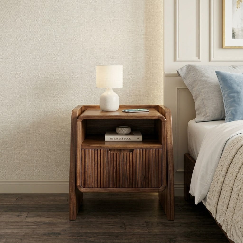 Premium Solid Sheesham Wood Nightstand with Open Shelf Storage