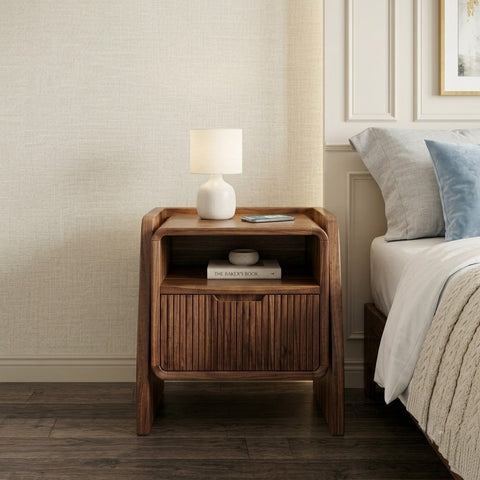 Premium Solid Sheesham Wood Nightstand with Open Shelf Storage