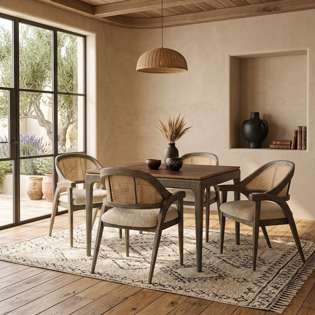 Premium Solid Wood Dining Table with Natural Cane Back Dining Chairs