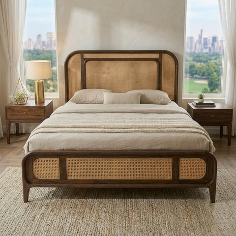 Premium Wooden Bed with Cane Headboard in Dark Walnut Sheesham Finish
